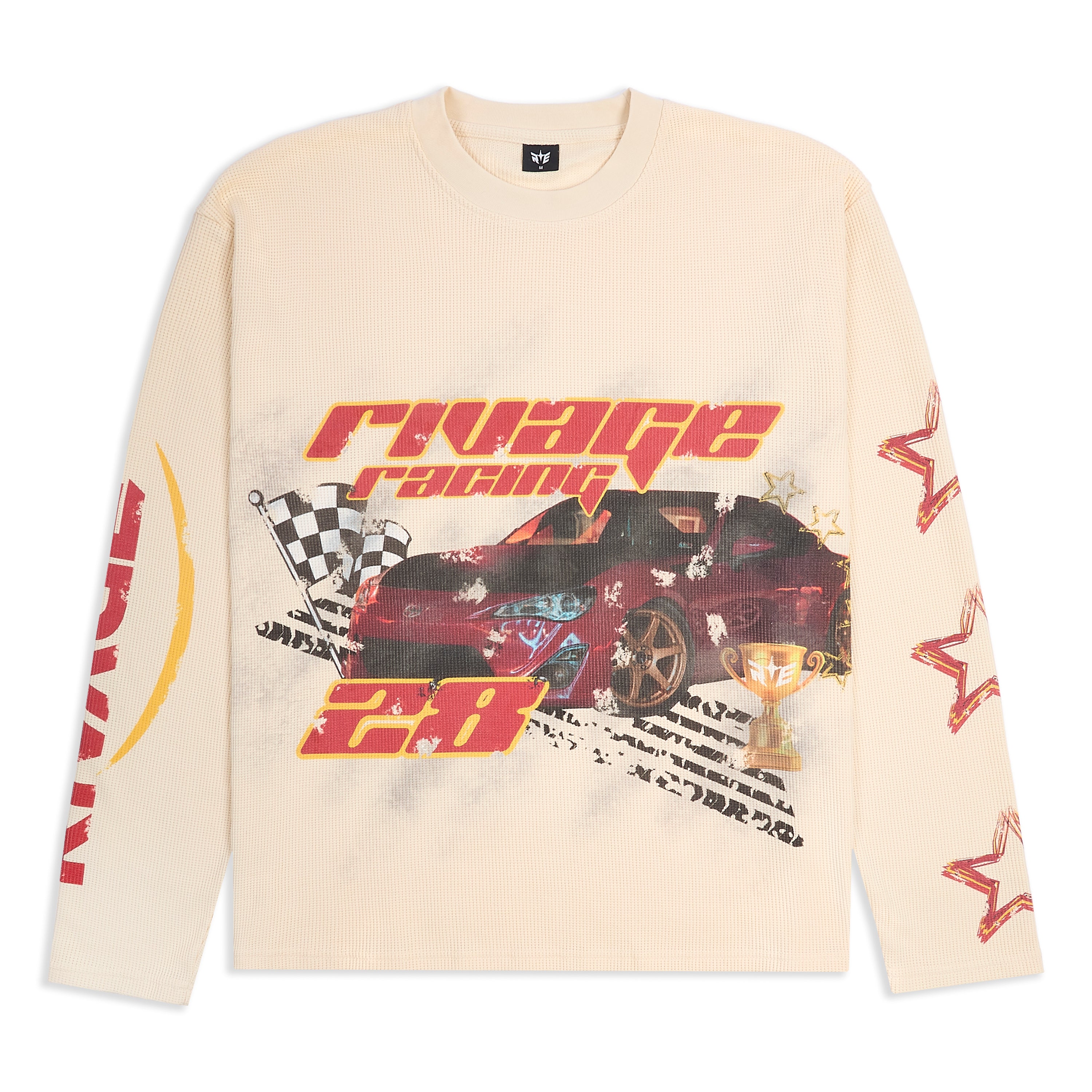 RACER WAFFLE LONG SLEEVE T-SHIRT - CREAM